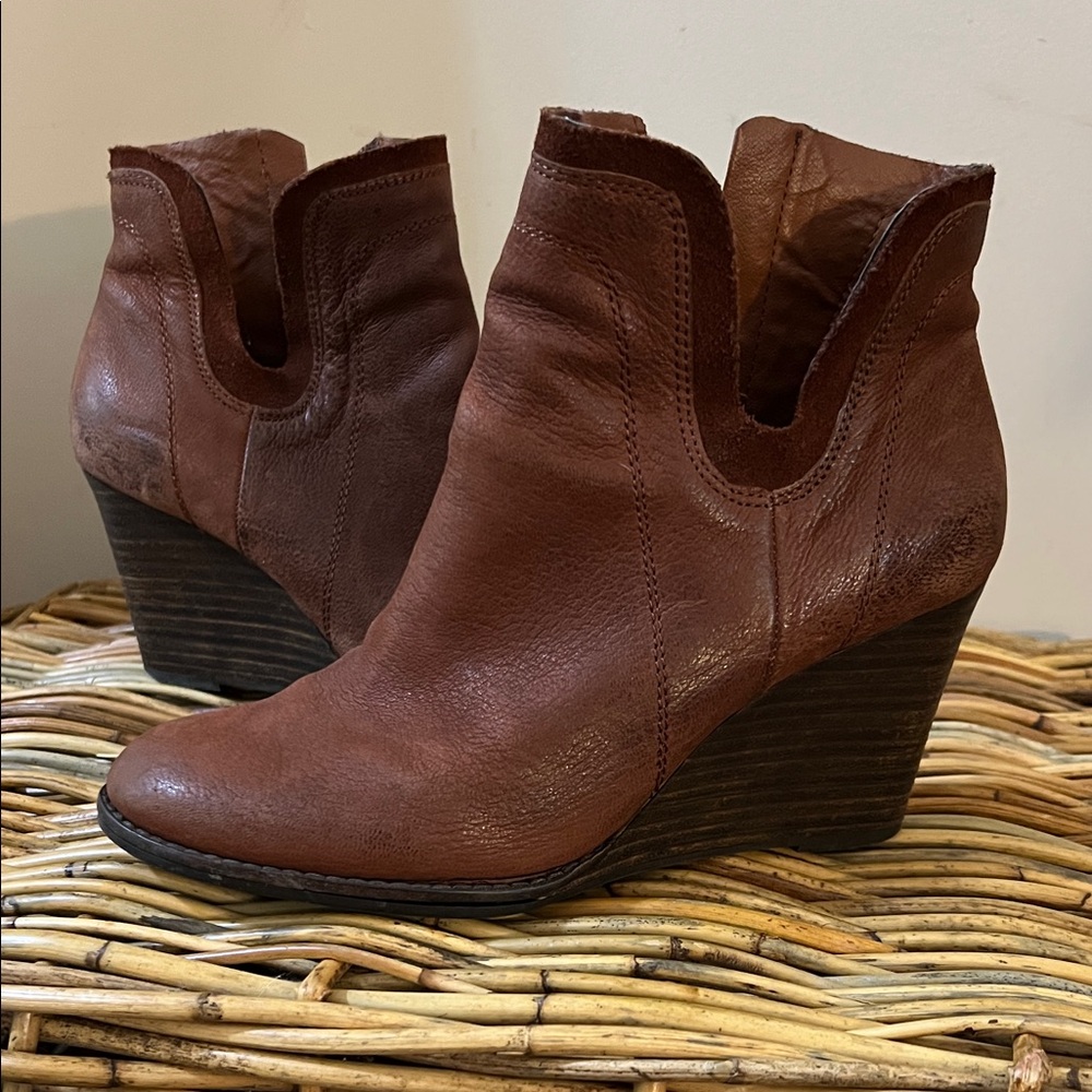 Lucky Brand Tan Leather Wedge Ankle Boots